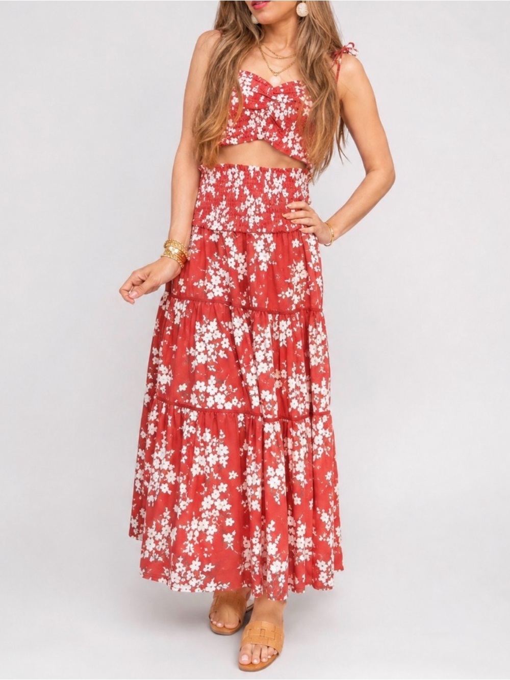 NEW House of Harlow 1960 smocked Crop rust red floral tassel tie top SKIrt set